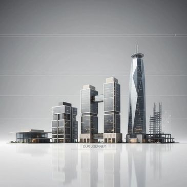 Modern architectural skyline with diverse high-rise buildings and the phrase 'Our Journey'.