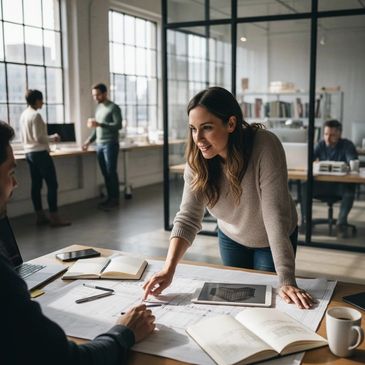 A woman discusses architectural plans with a colleague in a modern office.