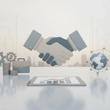 Digital handshake illustrating business partnership and global connectivity.