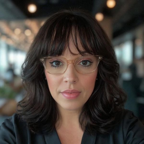 Close-up of a woman with dark hair and glasses in a softly lit indoor setting.