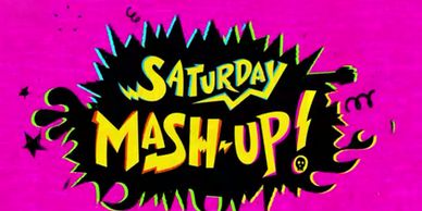 Bright, bold 'Saturday Mash-Up!' logo on a vibrant pink background.