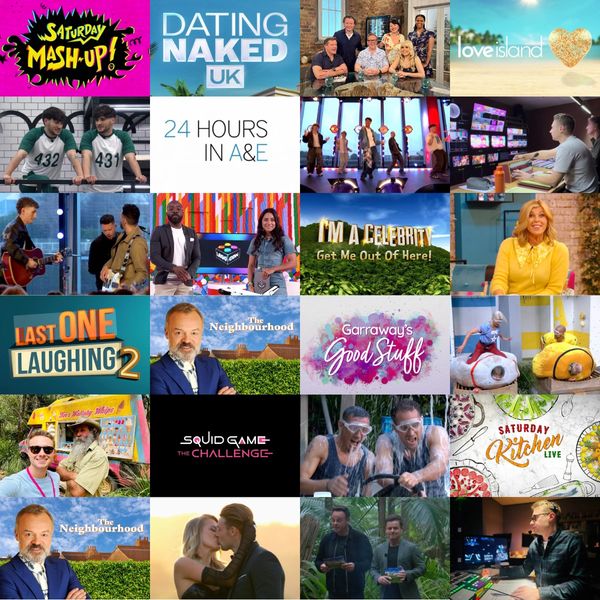 Collage of popular British TV shows and presenters in various scenes and titles.