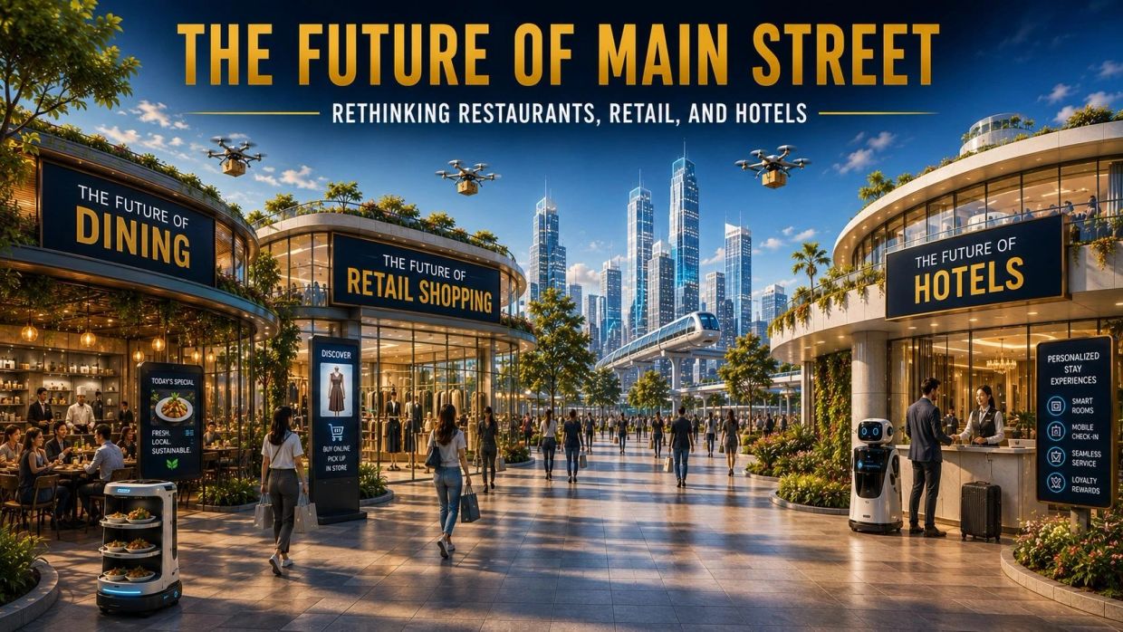 Futuristic Main Street with dining, retail, and hotel innovations.