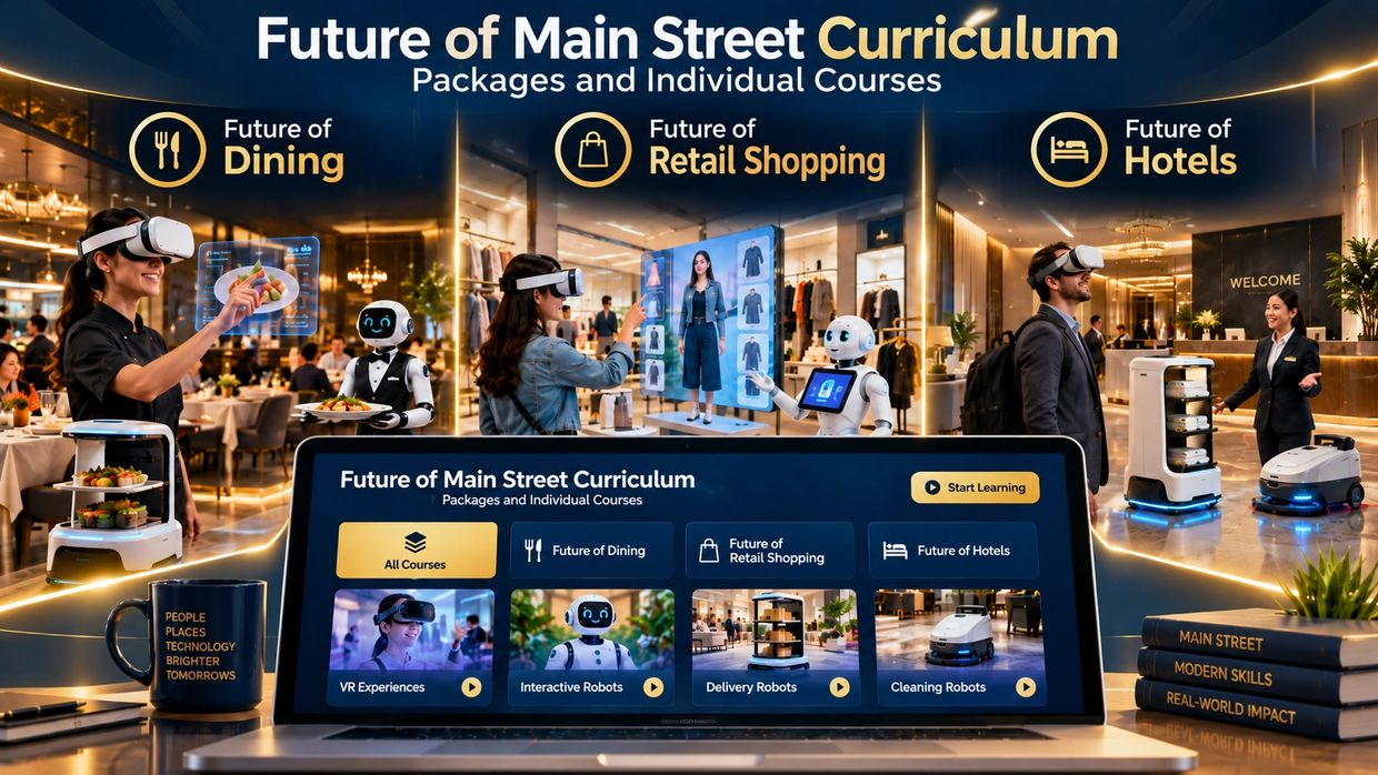 Futuristic curriculum on dining, retail shopping, and hotels using VR and robots.