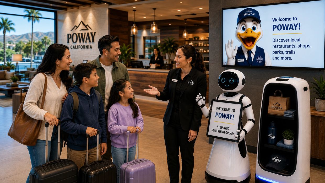 Family welcomed at Poway California visitor center by a hostess and friendly robots.