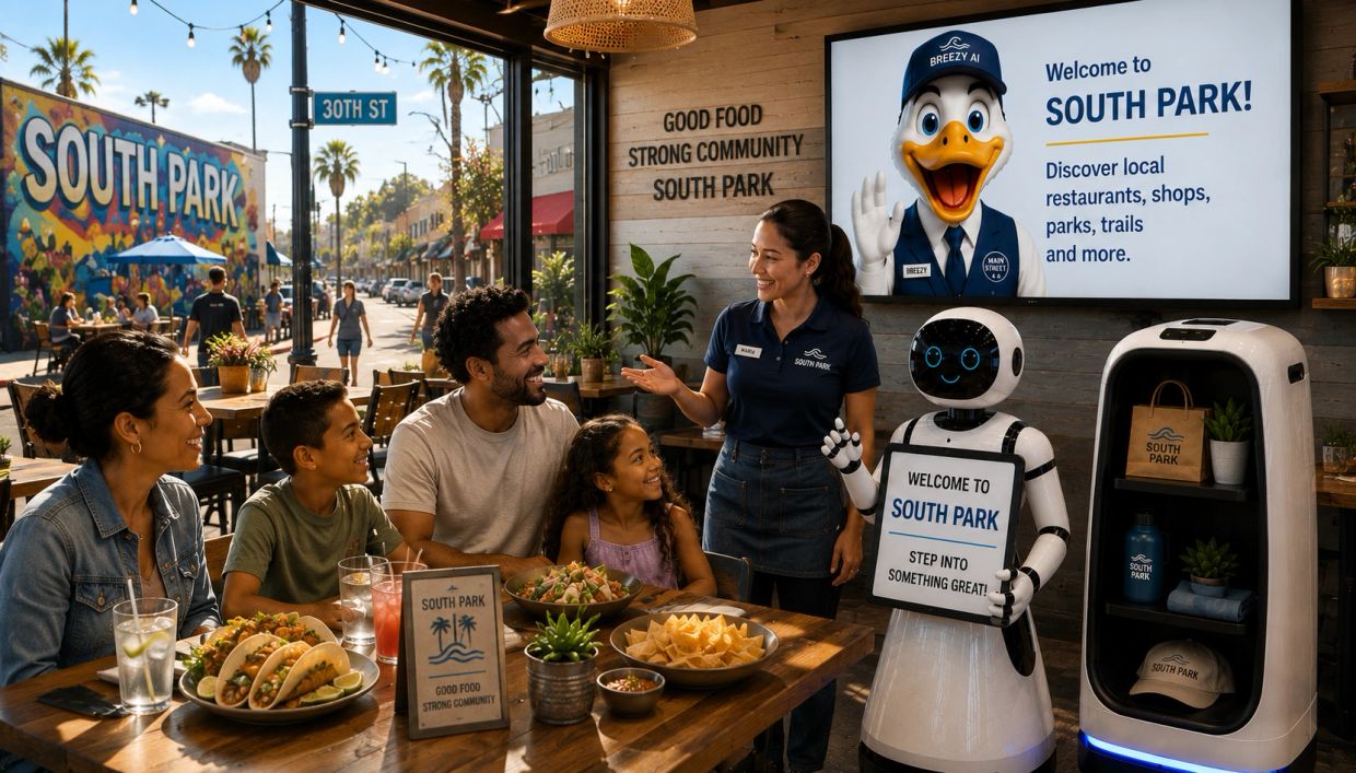 Family enjoying meal at South Park with a welcoming robot and staff.