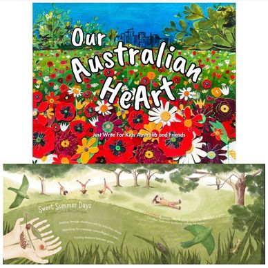 Colorful children’s book cover and an inner illustration of summer days.
