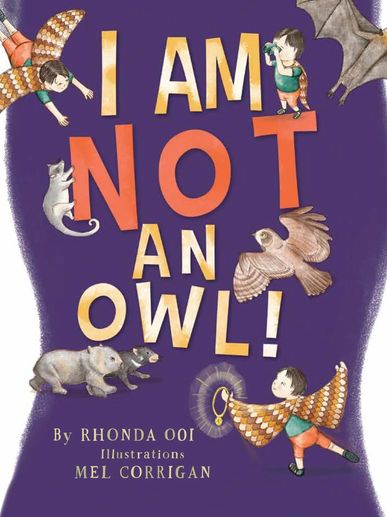 Children with animal wings on a book cover titled 'I AM NOT AN OWL!'