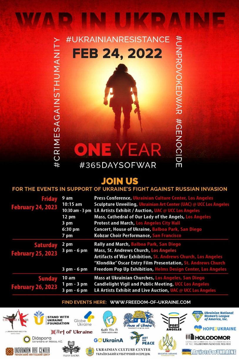 Friday, Feb 24:
9:00am - Press Conference, Ukrainian Culture Center, Los Angeles
10:15am - Sculpture