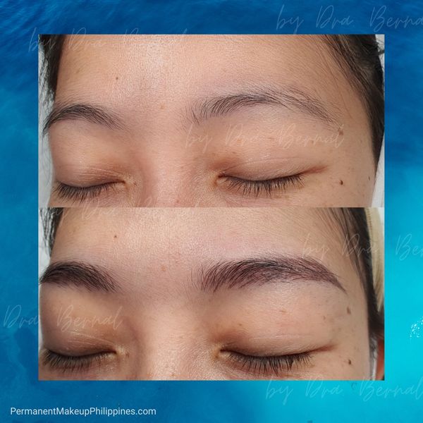 Healed result of painless eyebrow microblading before and after picture