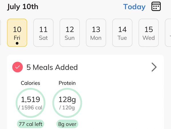 Meal tracking summary for July 10th.