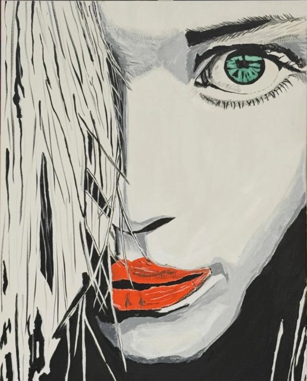 Close-up painting of a woman's face with green eyes and red lips.