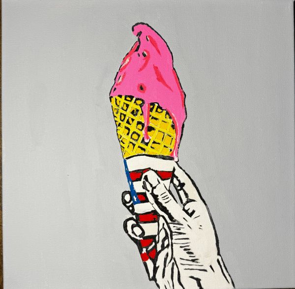 Hand holding a melting pink ice cream cone with an American flag design.