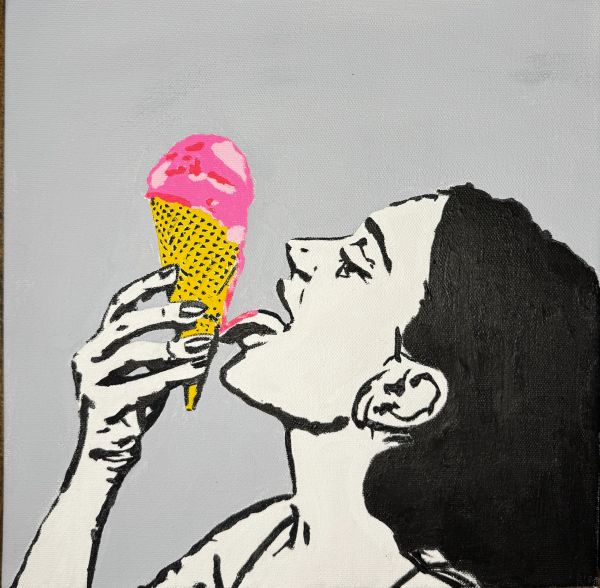 Black and white art of a woman licking pink ice cream on a yellow cone.