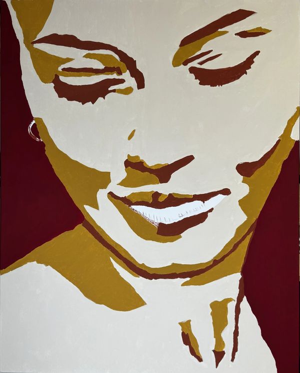 Abstract portrait of a smiling woman with closed eyes in earthy tones.