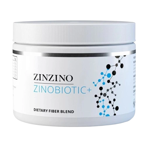 Container of Zinzino Zinobiotic+ dietary fiber blend supplement.