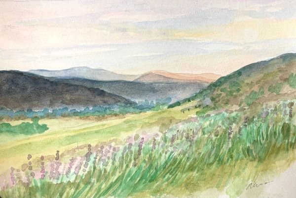 Mountain range sunset watercolor