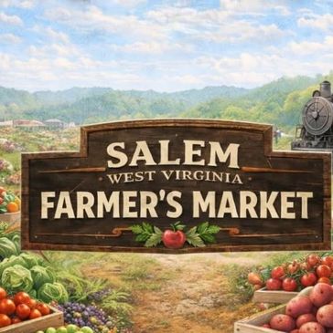 Signboard for Salem West Virginia Farmer's Market with fresh produce around.