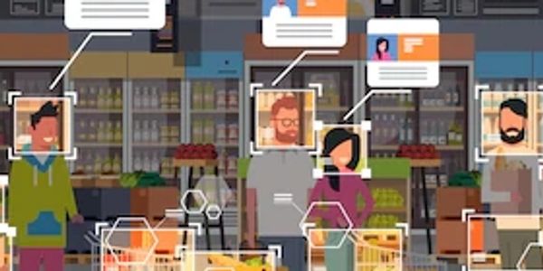 Digital facial recognition technology used for customer identification in a grocery store.