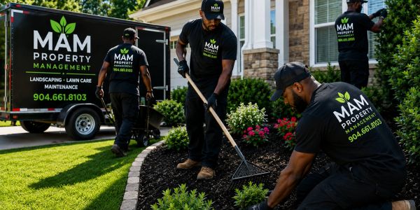 MAM Property Management team landscaping a garden bed in front of a house.
