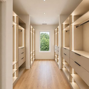Modern walk-in closet with natural light and wooden floors.