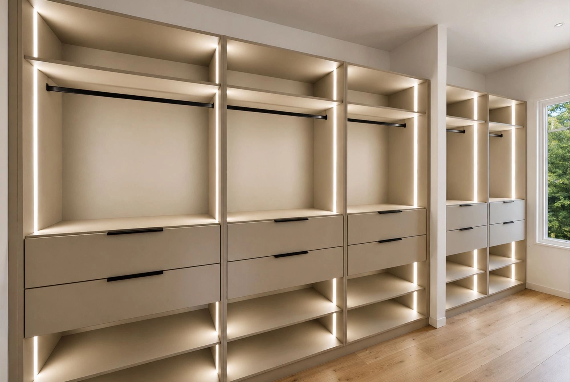 Modern walk-in closet with built-in shelves and LED lighting.
