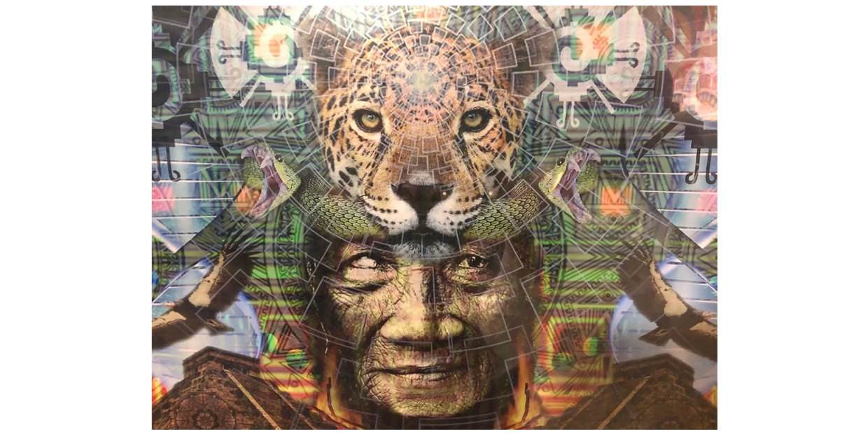 Surreal artwork blending a jaguar, snakes, and an ancient human face with mystical patterns.