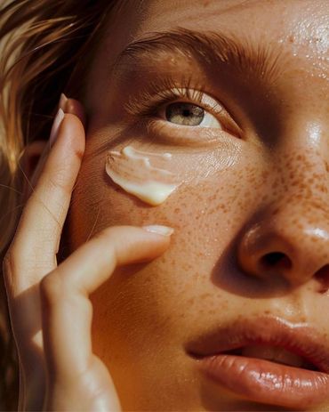 Close-up of a woman applying cream to her freckled face under warm sunlight.