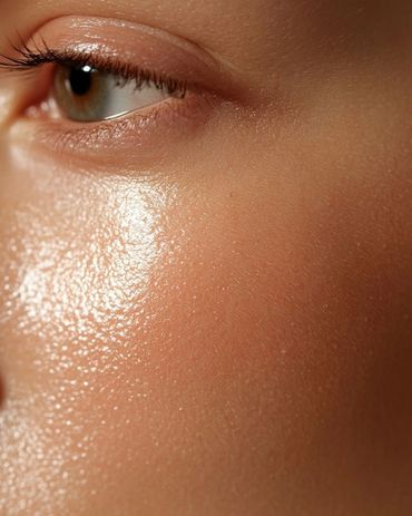 Close-up of a glowing, moisturized cheek and eye.