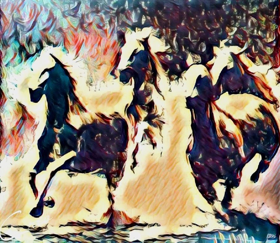 Colorized Version of "Sea Horses" by Donald Patrick Pate. Originally executed with brush and black i