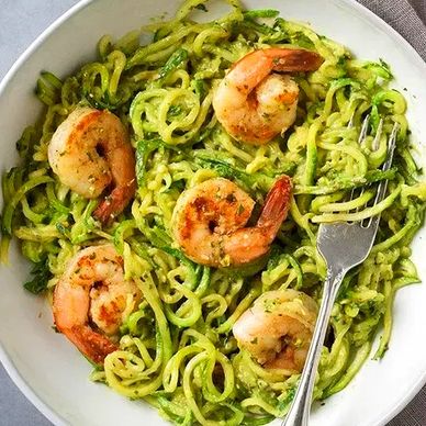 Fred Seghetti's Zucchini Noodles with Herbs, Avocado, Pesto & Shrimp. Seghetti's Top Secret.