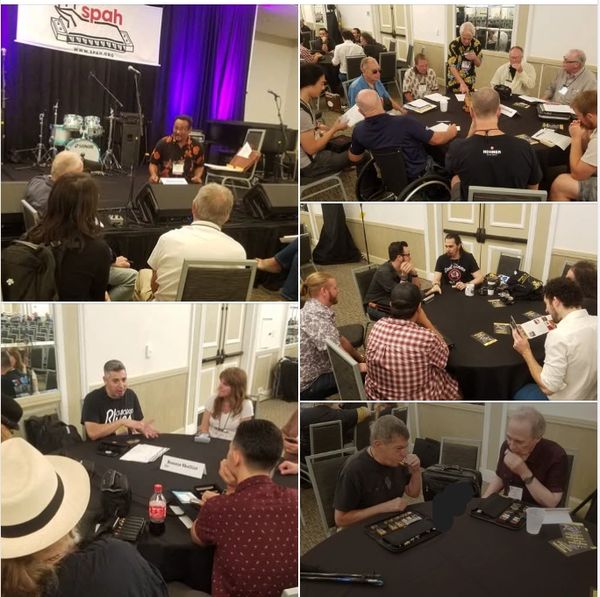 Collage of photos of people sitting around round tables getting lessons.