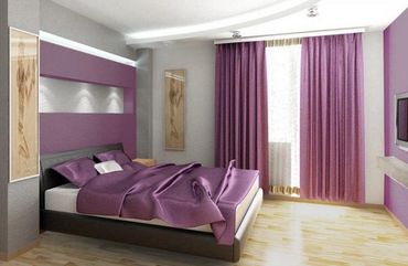 Stylish bedroom with purple accents and minimalist furniture