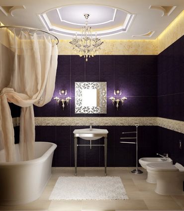 Deep purple bathroom with ornate mirror and hanging curtains
