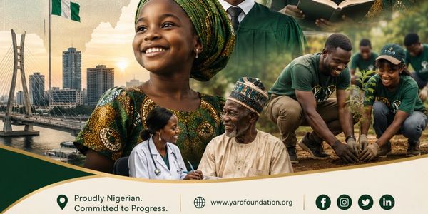 Collage showing Nigerian pride, progress, and community efforts like healthcare and tree planting.