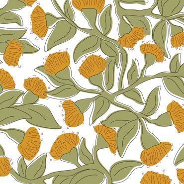 Retro style yellow eucalyptus flowers and sage green eucalyptus leaves on a white background.