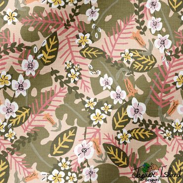 Tropical plumeria and orchid flowers with monstera and palm leaves tossed together in a fun pattern.