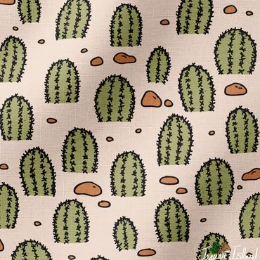 This fabric design features a hedgehog cactus garden on a cream background with red orange rocks