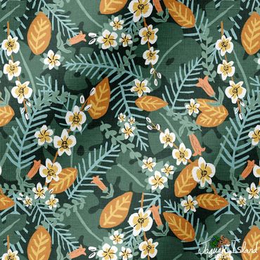 Tropical plumeria and orchid flowers with monstera and palm leaves tossed together in a fun pattern.