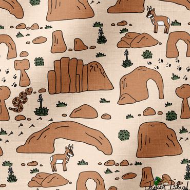 This pattern features red rock arches in Utah and spires, desert plants, pronghorn and rattlesnakes.