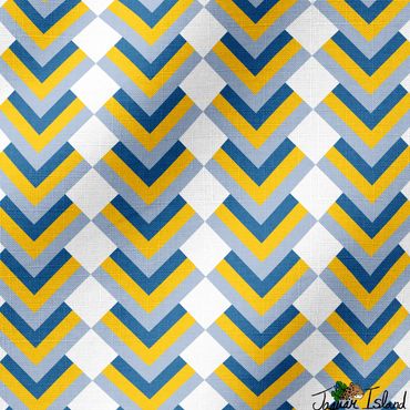 An interesting brightly colored geometric that is similar to a chevron with white, blue and yellow