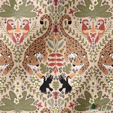 Jaguars, macaws, toucans, poison dart frogs and pretty tropical flowers in a tile style design.