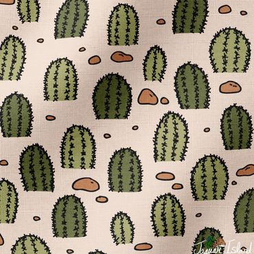 This fabric design features a hedgehog cactus garden on a cream background with red orange rocks