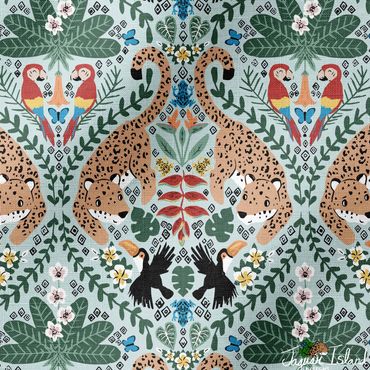 Jaguars, macaws, toucans, poison dart frogs and pretty tropical flowers in a tile style design.