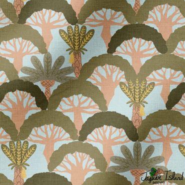 Rainforest of various tropical trees in a scallop style design perfect for wallpaper in a kids room.