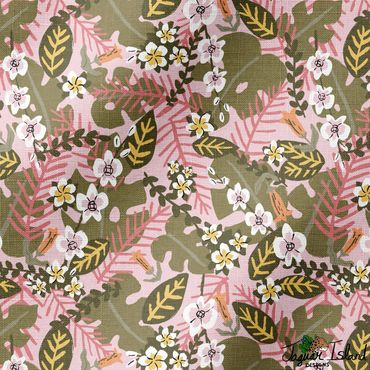 Tropical plumeria and orchid flowers with monstera and palm leaves tossed together in a fun pattern.