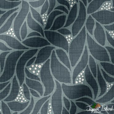 A cozy dark blue and light blue simple leaves curving in a nice pattern with little white berries.