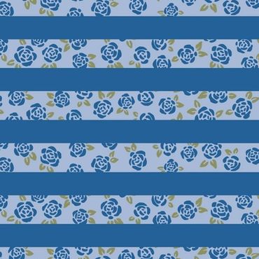 Dark blue rosebuds on a light blue background in between dark blue horizontal stripes.
