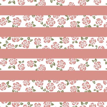 Dusty pink rosebuds on a white background in between dusty pink horizontal stripes.