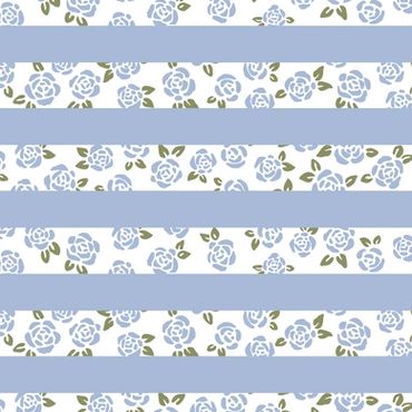 Light blue rosebuds on a white background in between light blue horizontal stripes.